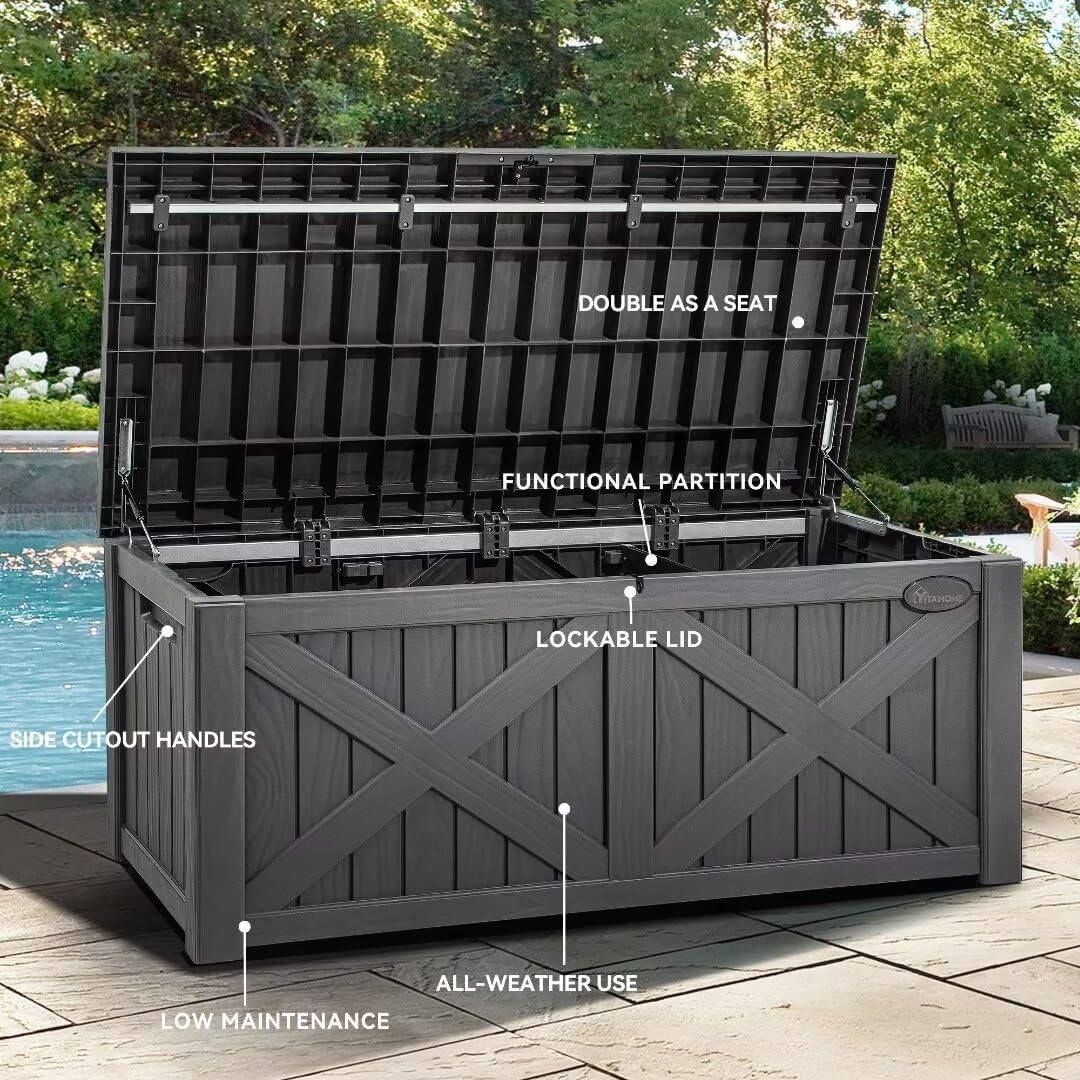 YITAHOME 120 Gallon Large Deck Box with X-Shaped Front, Resin Outdoor Storage Boxes, Waterproof Cushion Storage Bench for Patio, Pool Supplies, Garden Tools - Lockable, Dark Gray