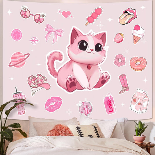 Lunerfex Y2K Tapestry Pink Cat Wall Tapestry, Cute Tapestries for Bedroom Funny Tapestries Wall Hanging for Bedroom Living Room Decor Pink-5 44"x60"