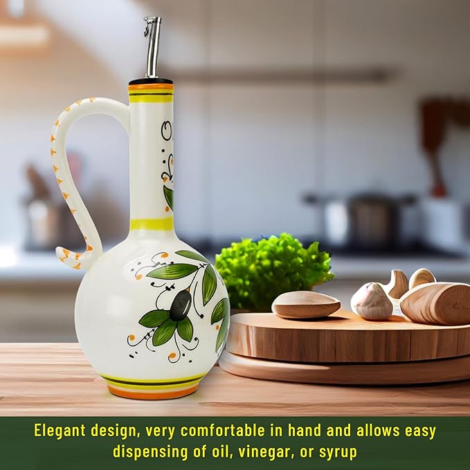 Hand-Painted Ceramic Olive Oil Dispenser Bottle – 15oz Decorative Stoneware Cruet with Stainless Steel Spout for Oil, Vinegar, Syrups, and Sauces