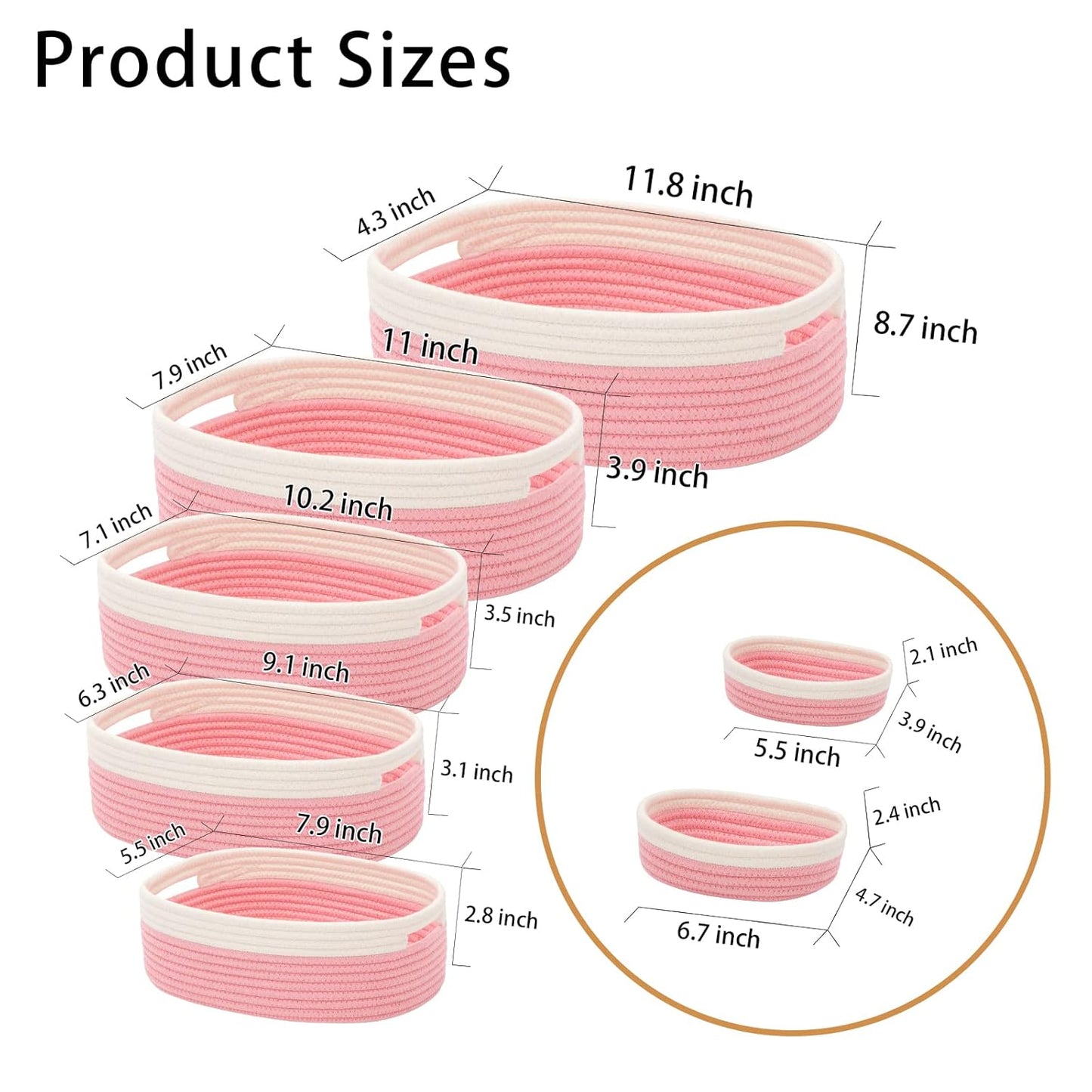 7 Piece Cotton Rope Woven Basket Set - Small Basket for Baby Nursery, Pets, Montessori, Dog & Cat Toy Boxes, Bathroom Organization Bins (White/Pink)