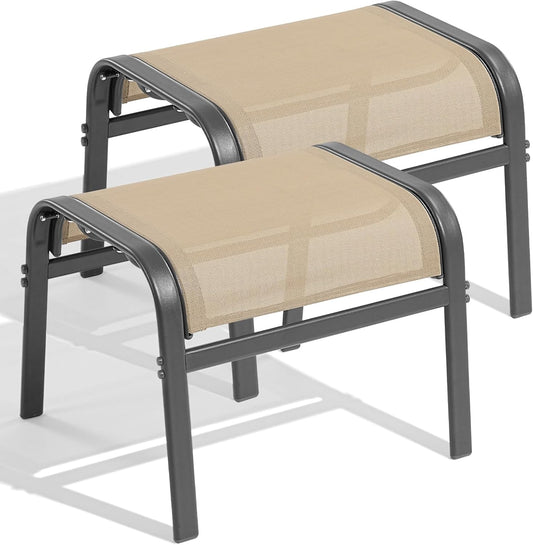 Outdoor Ottoman Set of 2, All Weather Outdoor Foot Stool with Supportive Textliene and Metal Frame, Stackable Oversized Outdoor Foot Rest for Furniture Patio Garden Pool, Beige