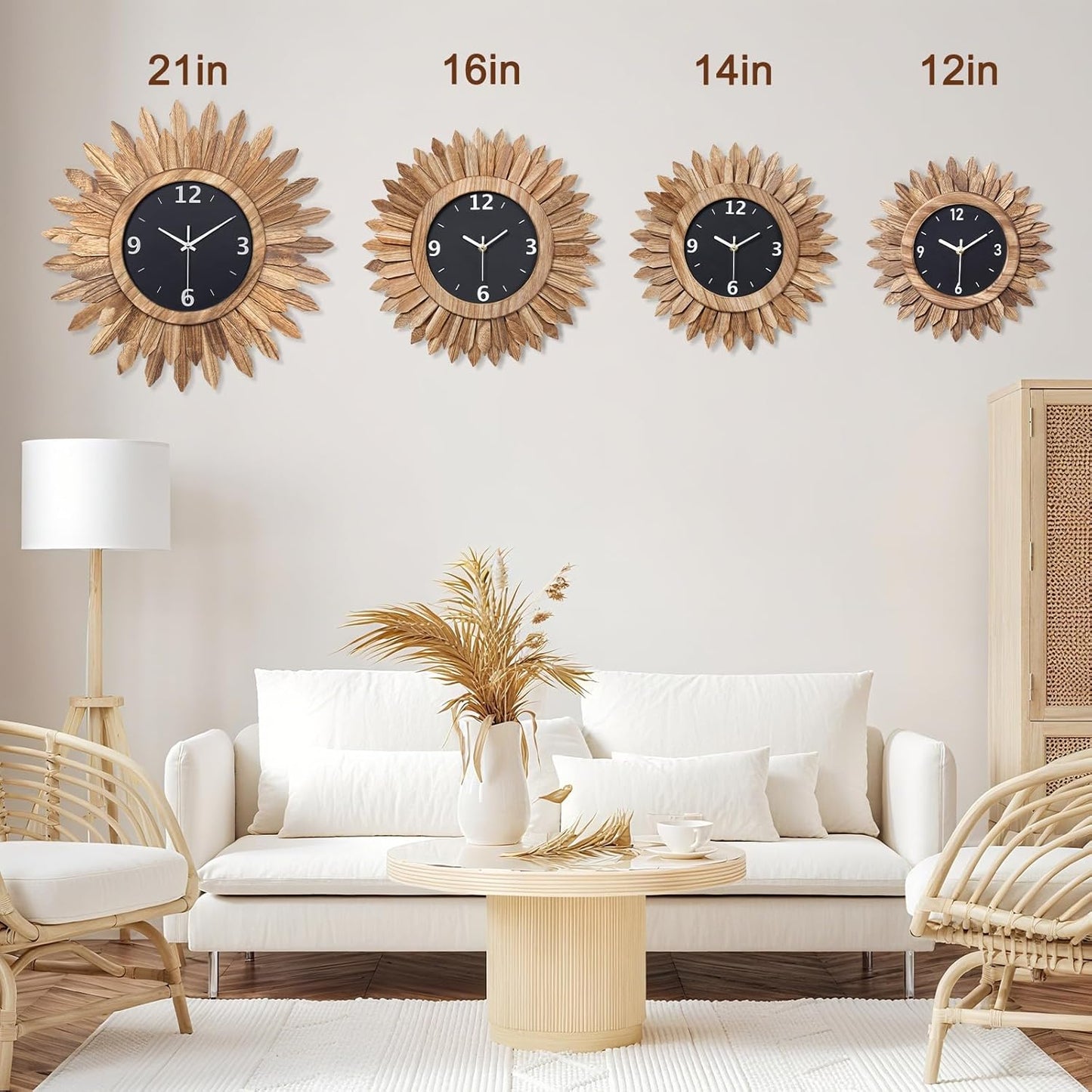 Honiway 16 Inch Wall Clocks, Rustic Wood Boho Sunburst Decorative Wall Clock Battery Operated Silent Non Ticking Farmhouse Large Wall Clocks for Living Room Kitchen Bedroom Home Decor (Rustic Brown)