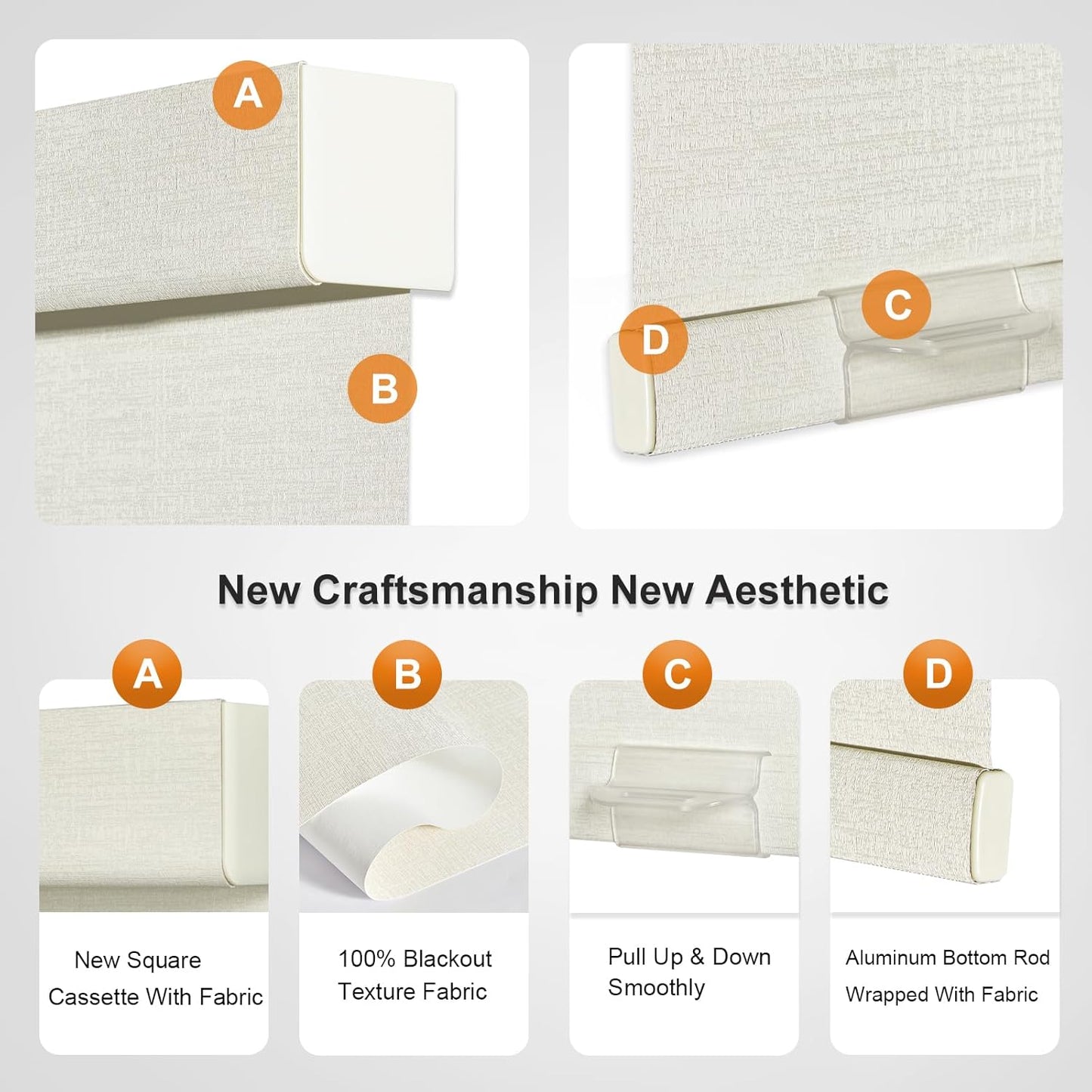 Persilux Blackout Shades for Windows Cordless Roller Blinds, Roller Windows Shades for Home with Fabric Attached Valance, UV Protections Easy Installation for Door/Office, Limestone(32.5" W x 64" H)