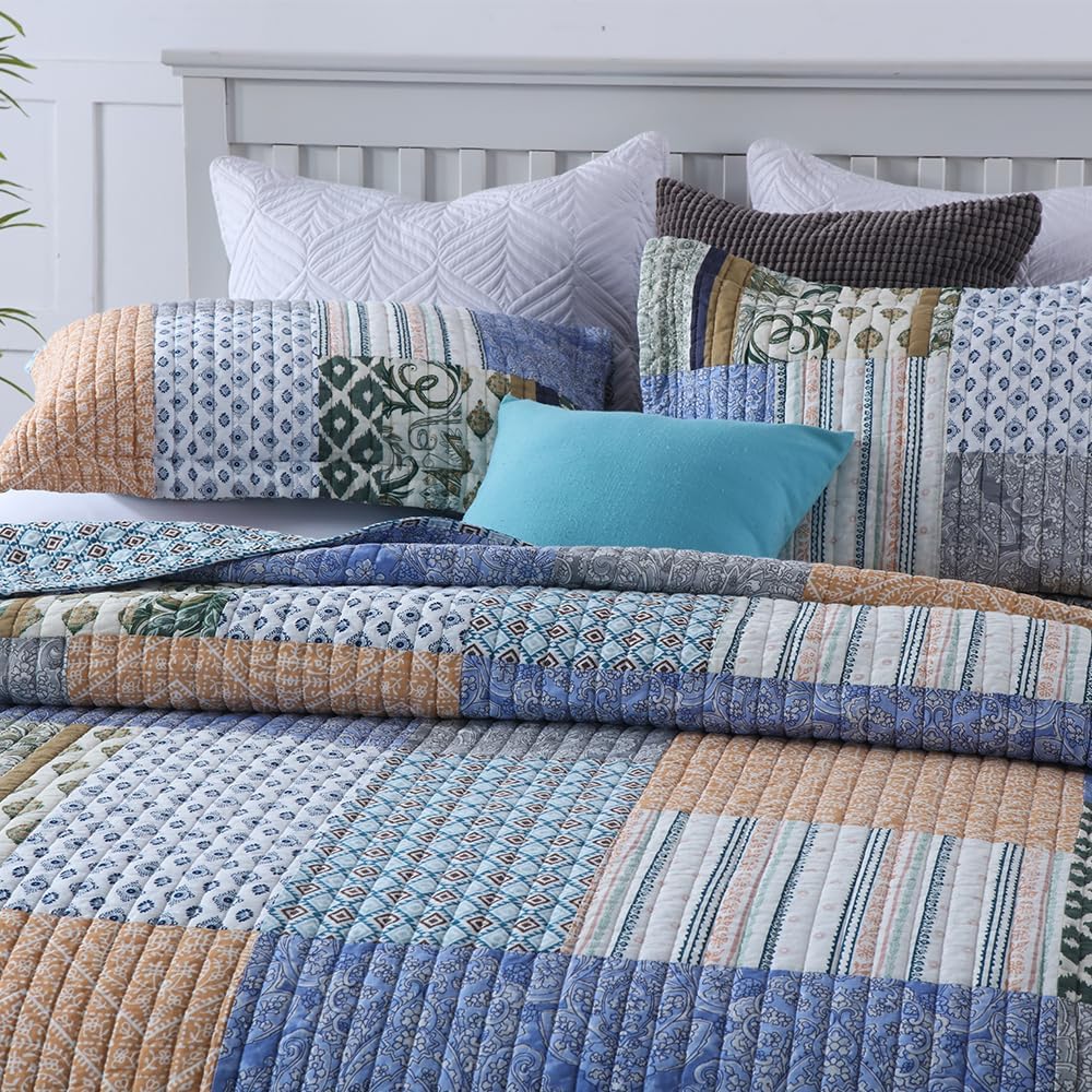 Cotton Bedspread Quilt Sets 3 Pieces Reversible Coverlet Sets Comforters Blue Bohemian Patchwork Bedspread,Blue Paisley Pattern, Queen Size