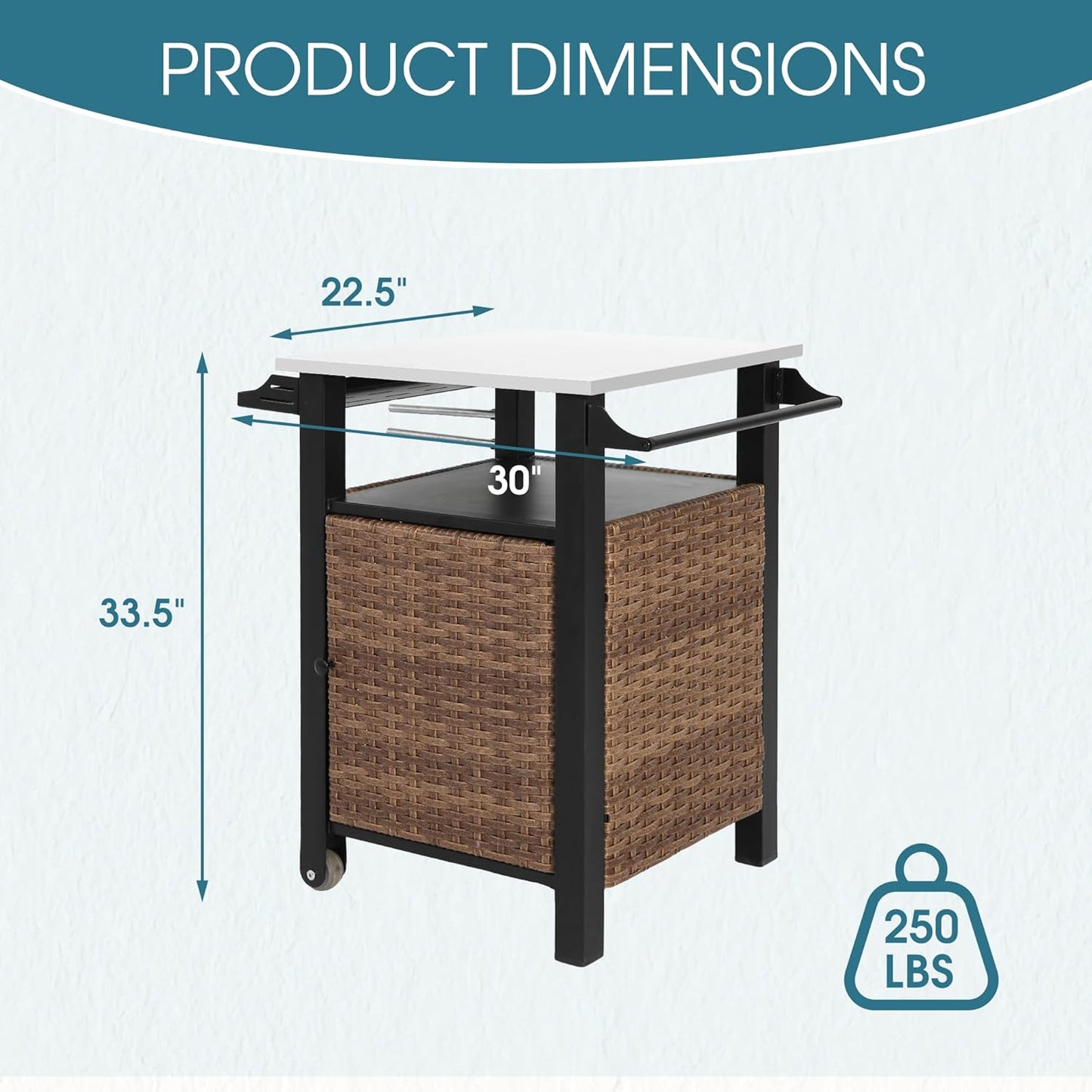 Grill Cart Outdoor with Wheels, Outdoor Prep Table with Wicker Storage and Rolling Wheels, Samll Kitchen Island Serving Cart with Stainless Steel Table Top for BBQ, Porch, Patio, Brown