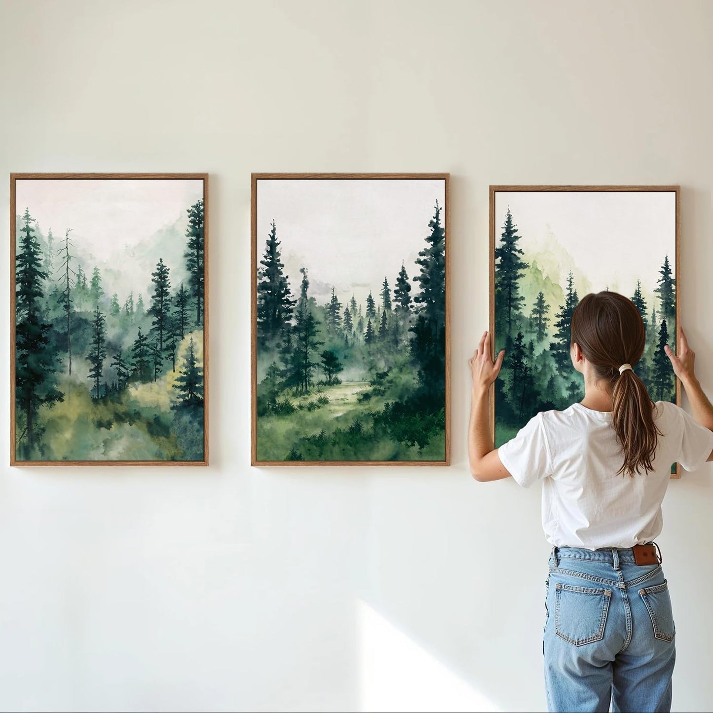 Tinonedraw Watercolor Forest Framed Canvas Wall Art Set, Modern Pine Tree Wall Painting, Nature Foggy Landscape Wall Decor, Misty Mountain Art Prints for Bedroom Living Room Farmhouse Office 16"x24"x3