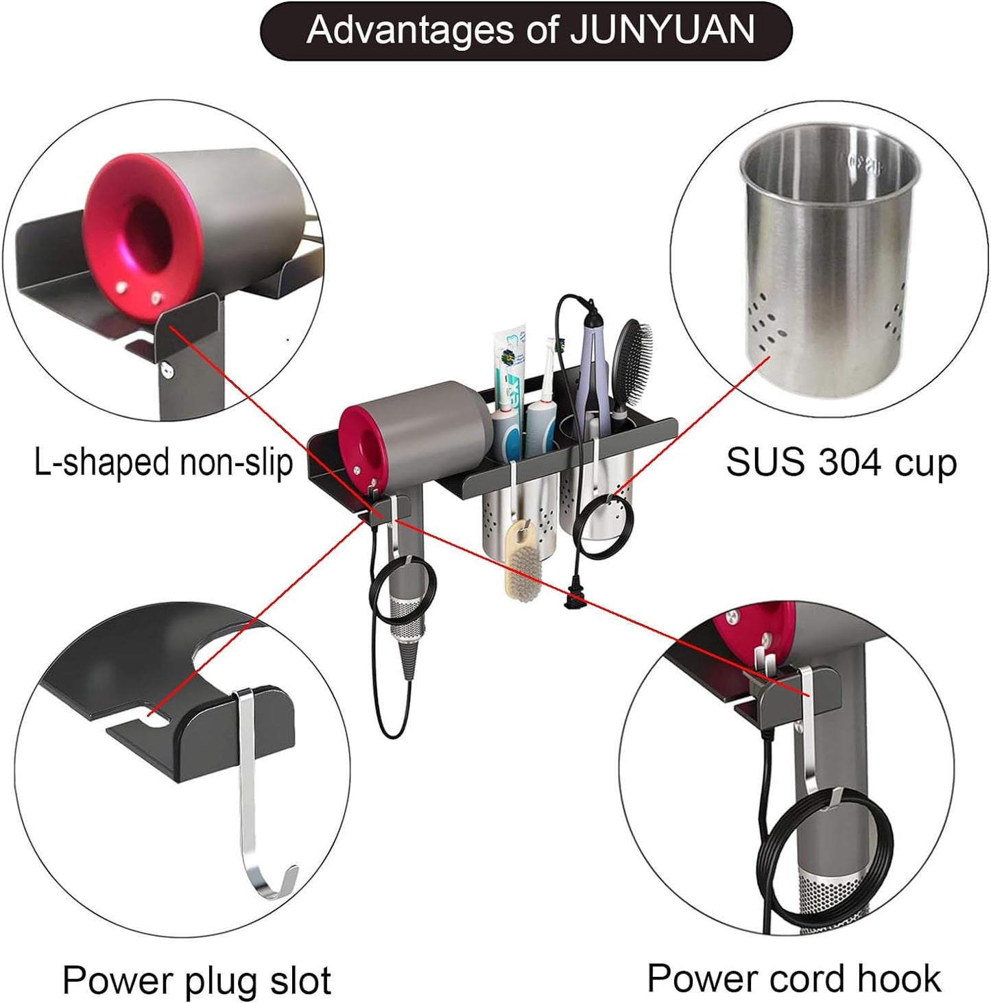 junyuan Hair Tool Organizer Wall Mount,Self Adhesive Hair Dryer Holder for Bedroom & Bathroom,Blow Dryer Holder for Dyson Hair Dryer,Stainless Steel Cups for Medium or Small Bathroom Storage 4" Width