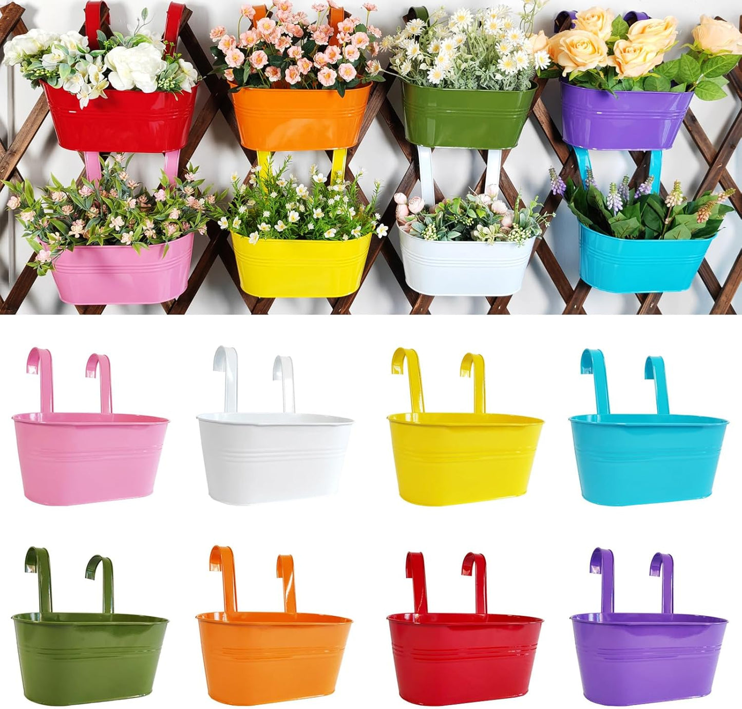 8 Pack Hanging Planters 10", Colorful Metal Bacony Railing Planter for Outdoor Decor, Countryside Fence Pot Flower Bucket for Rails Patio Garden, Plant Pot for Herb (Multi-Color, 8Pcs)