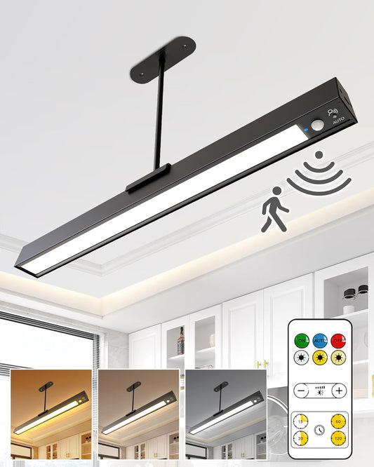 Rechargeable Motion Sensor Ceiling Light, Full Metal Pendant Lights, Battery Operated LED Closet Lights with Remote, Timer - 3 Color 500LM Dimmable, Cordless Magnetic Mount for Garage Kitchen,Black