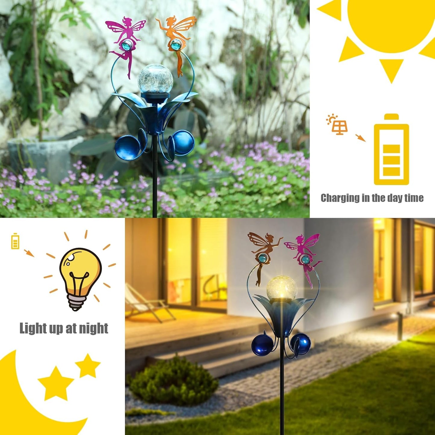 VCUTEKA Solar Lights Outdoor Metal Garden Stake Waterproof Crackle Glass Globe Garden Decor Fairy for Pathway, Lawn, Patio, Yard
