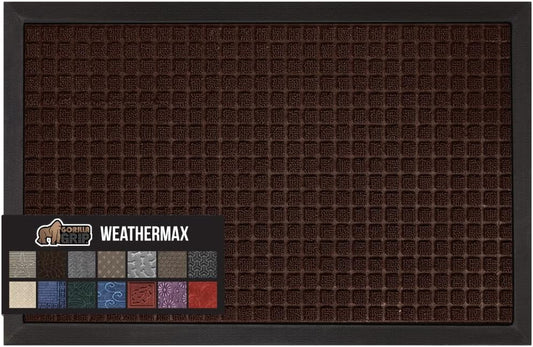GORILLA GRIP 100% Waterproof All-Season WeatherMax Doormat, 60x24, US Designed Natural Rubber, Stain and Fade Resistant, Low Profile Indoor Outdoor Door Mats, Easy Clean Patio Mat, Coffee Squares