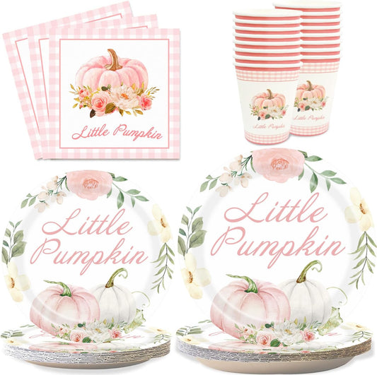 Aukolass Pumpkin Party Supplies Tableware Set - Fall Theme Party Decorations Including Plates, Napkins and Cups for Pumpkin Birthday and Baby Shower Party, Serves 24 Guests (pink)