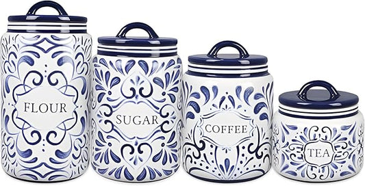 Young's Inc. 4 Pcs Set Talavera Ceramic Canisters- Storage Container for Kitchen and Bathroom - Beautiful Home Decor Accent to Store Food, Coffee, Tea, and More - White, Blue