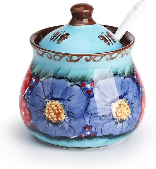 silesia Handmade Sugar Bowl with Lid and Spoon, 9 Ounce Ceramic Hand-Painted Sugar Jar for Home in Gift Box, Kitchen Decor, Oven, Dishwasher & Microwave Safe, Glazed Blue