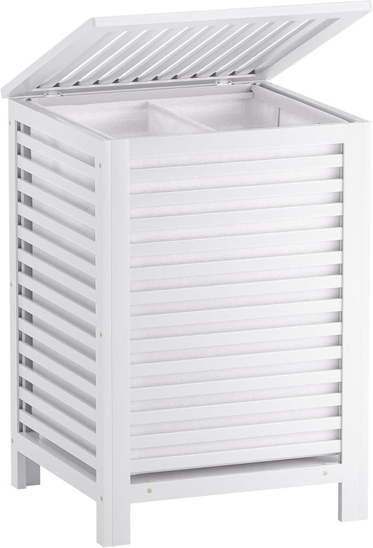 SMIBUY Double Laundry Hamper with Lid, 120L Bamboo Laundry Basket with Removable Liner Bag, 2-Section Clothes Divider Laundry Sorter for Laundry Room, Bathroom, Bedroom (White)