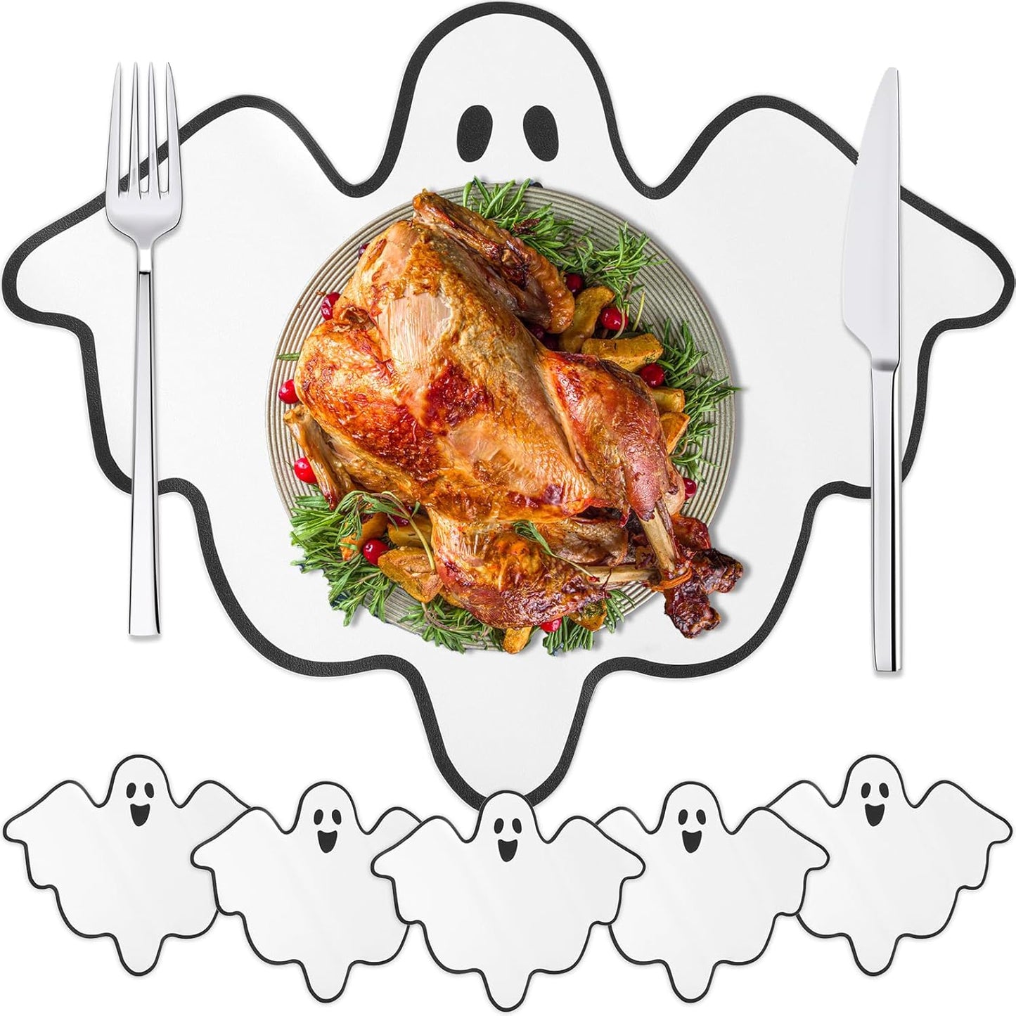 Remerry 6 Pcs Halloween Leather Table Placemats Washable Ghost Dinner Mats Easy to Clean Halloween Spooky Leather Placemats Ghost Table Mats for Holiday Kitchen Dining Party Decoration