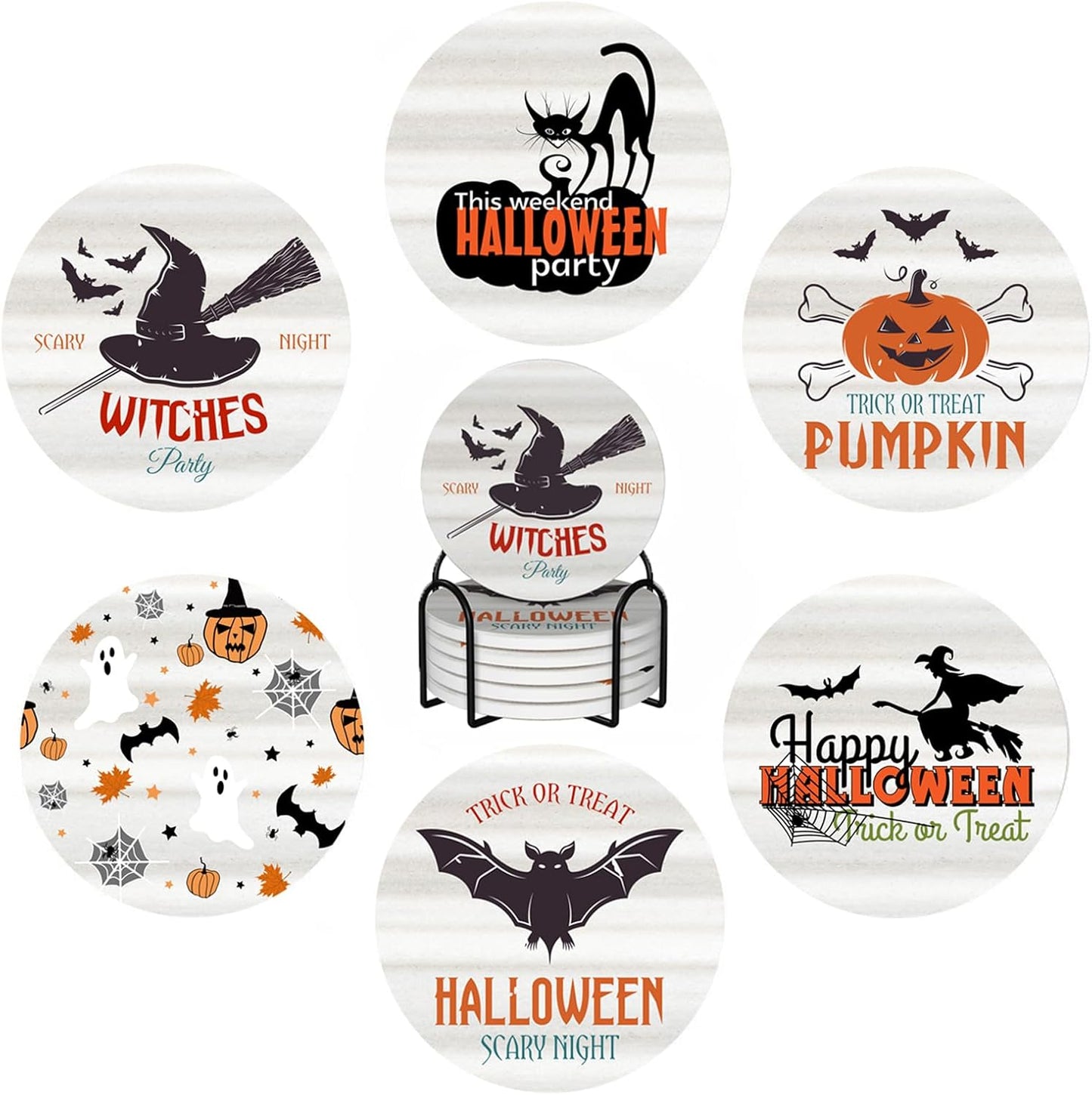 6 PCS Halloween Coasters with Metal Holder and Cork Base Ceramic Drink Coasters Absorbent Cup Mat Non-Slip for Home Kitchen Office Table Decor, 4 Inch Halloween 1