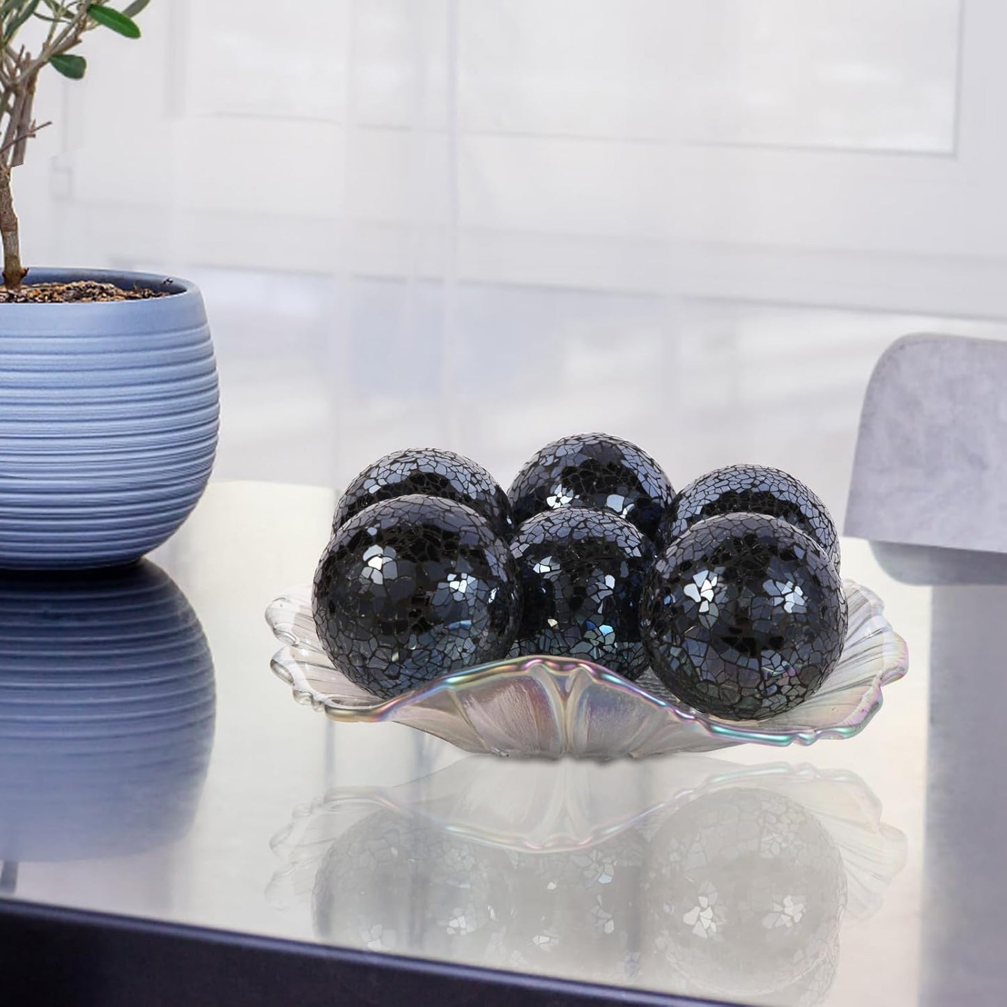 6pc Decorative Ball Set - 6cm/2.4inch Mosaic Glass Orbs for Centerpieces, Table Decor, Wedding Party (Black)