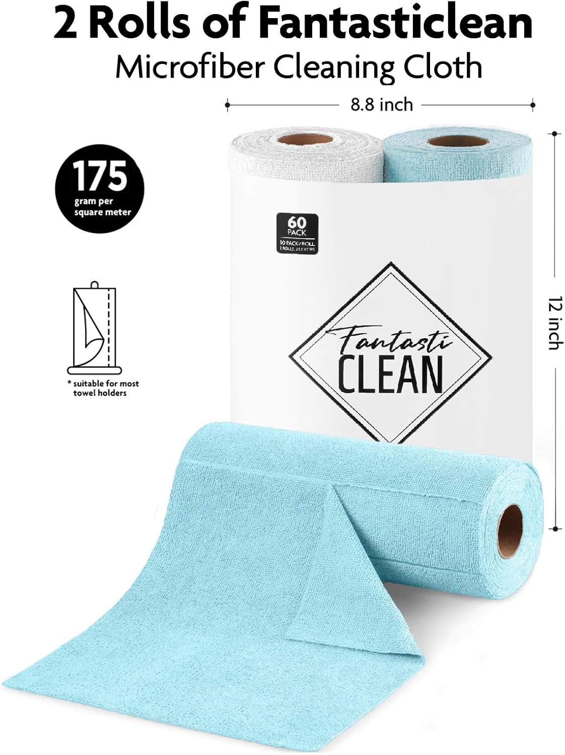 Fantasticlean Microfiber Cleaning Cloth Roll -60 Pack, Tear Away Microfiber Towels, 12" x 12", Reusable, Washable, Scratch Free, Ultra Absorbent Dish Rags for Car, Home, Garage or Shop (White & Blue)