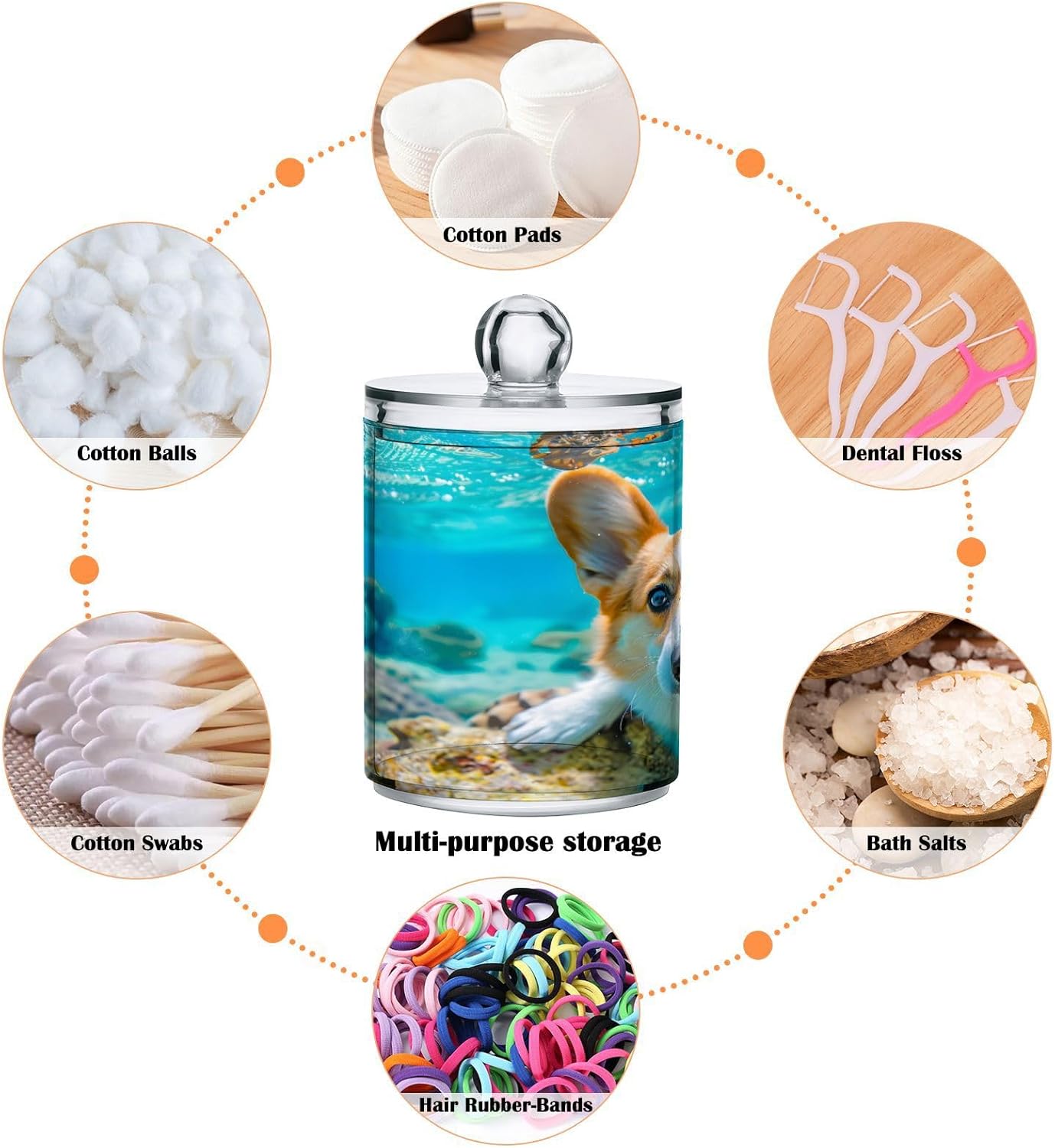 2 Pack Qtip Holder Organizer Dispenser Corgi Dog Underwater Bathroom Storage Canister Cotton Ball Holder Container for Cotton Pads/Swabs/Floss