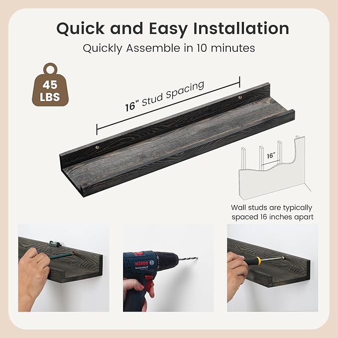 Picture Ledge Wall Shelves - 24 Inch Width Set of 3, Solid Pine Wood Rustic Floating Ledge Shelves for Kids' Room, Bedroom, Kitchen, Bathroom, Living Room, Nursery Display Wall Decor, Grey