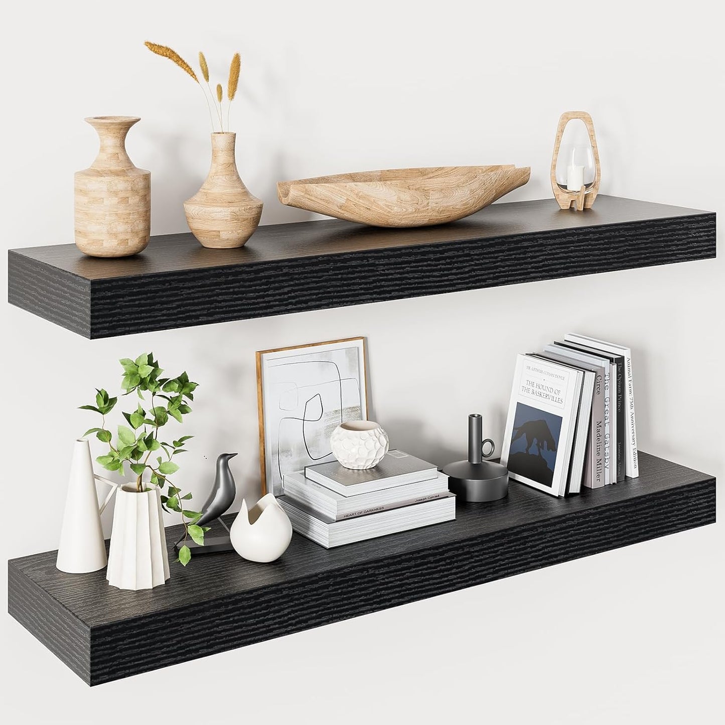 Heimlove 32 Inch Floating Shelves for Wall,Black 9.3" Deep Floating Shelf Set of 2,Wall Mounted Shelves for Bathroom Bedroom Living Room Kitchen Office,Shelf for Books Storage Room,Home Decor