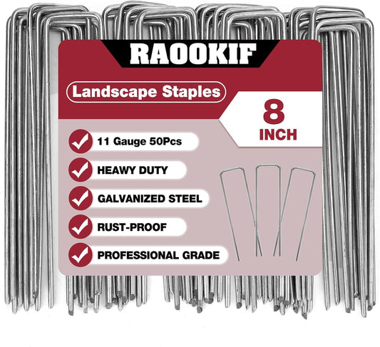 RAOOKIF 8 Inch Galvanized Garden Landscape Staples Stakes, 20/50/100/200Pcs Garden Metal Stakes, 11 Gauge Heavy Duty Ground Stakes for Decoration, Fence Stakes Lawn Stake, Fabric Pins (50, 8 Inch)