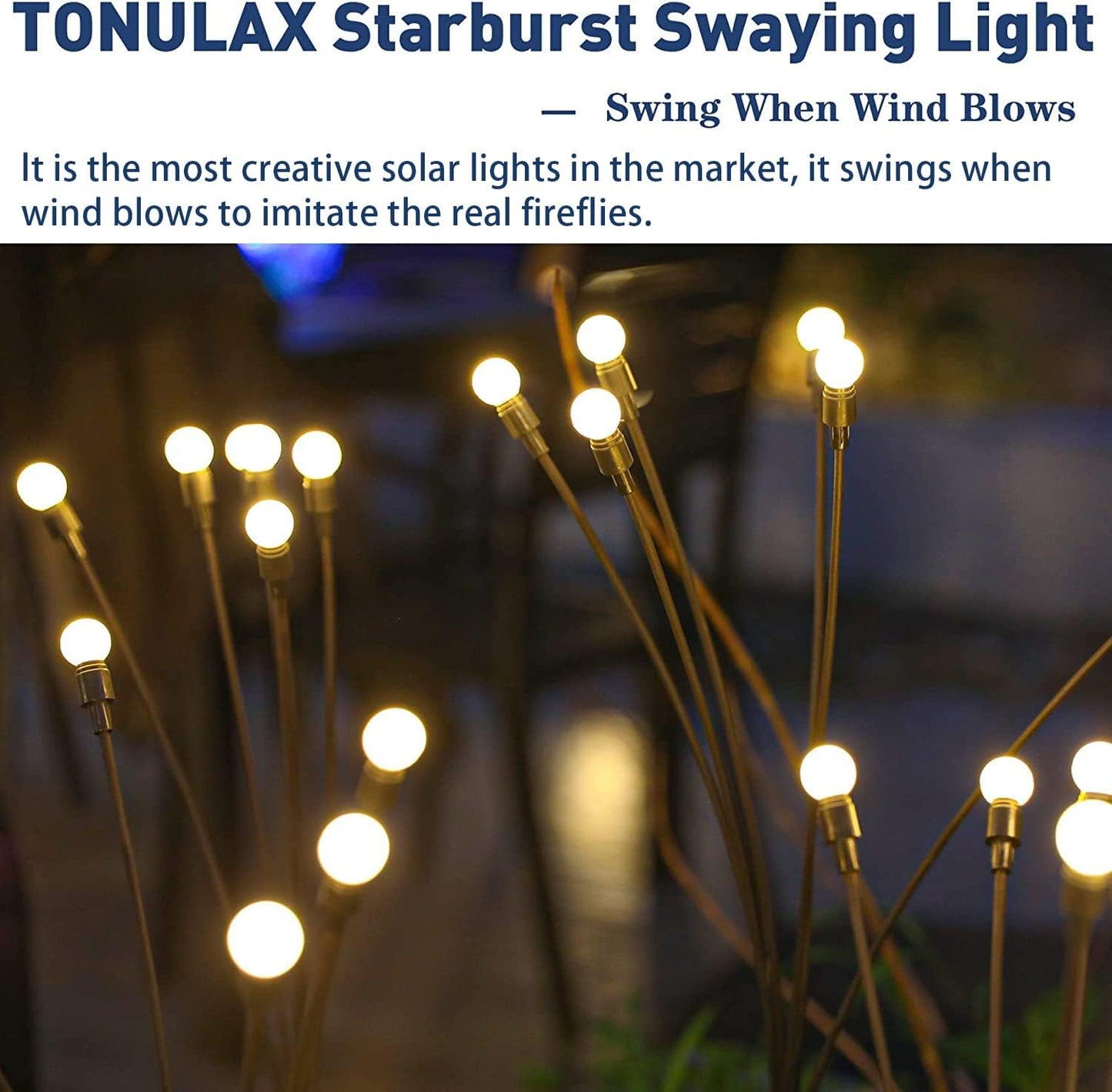 TONULAX Solar Garden Lights - Upgraded Solar Swaying Light, Sway by Wind, Outdoor Lights, Yard Patio Pathway Decoration, High Flexibility Iron Wire & Heavy Bulb Base, Warm White (4 Pack)