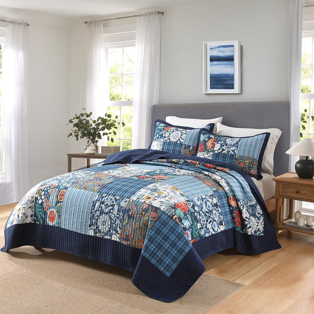 Autumn Dream Cotton Bedspread Quilt Sets Reversible Bedding Coverlet Sets, Luxury Vintage Paisley Floral Patchwork Blue Bedspread, King Size