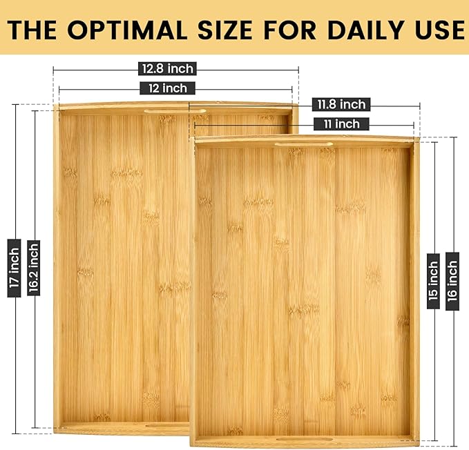 Bamboo Serving Tray with Handles Set of 2 - Decorative Wooden Trays for Eating, Working, and Storing, Suitable for Use in Bedroom, Living Room, Kitchen, Bathroom, Outdoor Scenarios and More