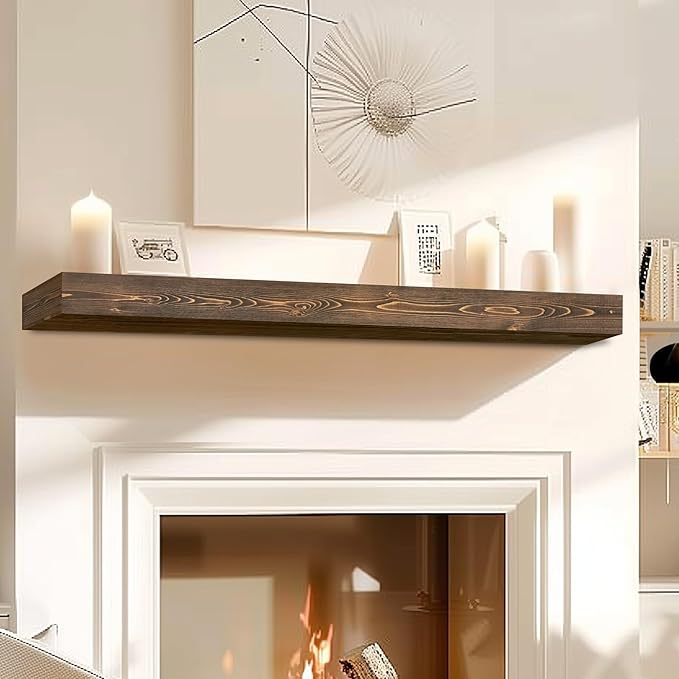 60x8x3 Fireplace Mantel - Handcrafted Hollow Rustic Solid Wood Wall Mounted Floating Shelf with Invisible Heavy Duty Wood Bracket (Weathered Brown)