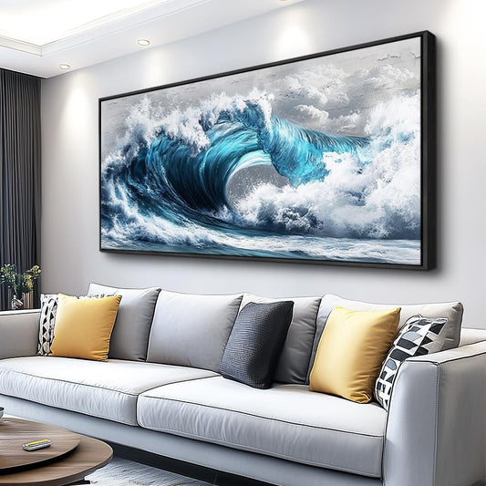 PHAOHUAXM Large Canvas Wall Art For Living Room Wall Decor For Bedroom Ocean Inspiration Wall Pictures Office Mural Decorations Posters Blue Wave Paintings Modern Home Decor Black Framed 24x48 In