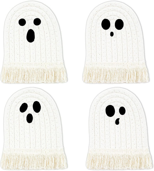 Whaline Halloween Ghost Cotton Coasters Cute White Ghost Shape Handmade Braided Drink Coasters Absorbent Cup Mats for Trick or Treat Party Home Table Decor, Set of 4