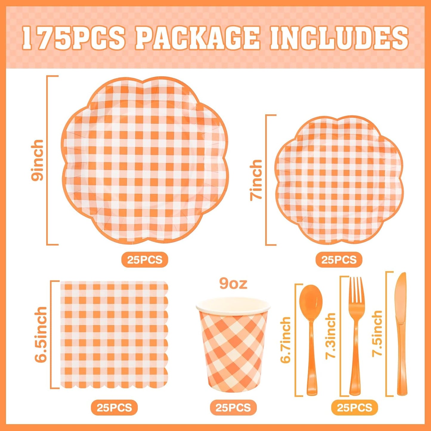175 Pcs Orange and White Gingham Party Supplies - Orange Gingham Paper Plates and Napkins Sets Serve 25 - Scalloped Checkered Plates for Birthday Picnic Fall Halloween Thanksgivng Party Decorations