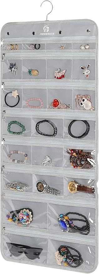Freegrace Hanging Jewelry Organizer Revolving Hanger - Secure Zipper Closure - 50 Pockets - Foldable Storage & Display Solution - For All Jewelry & Bijoux (Gray)