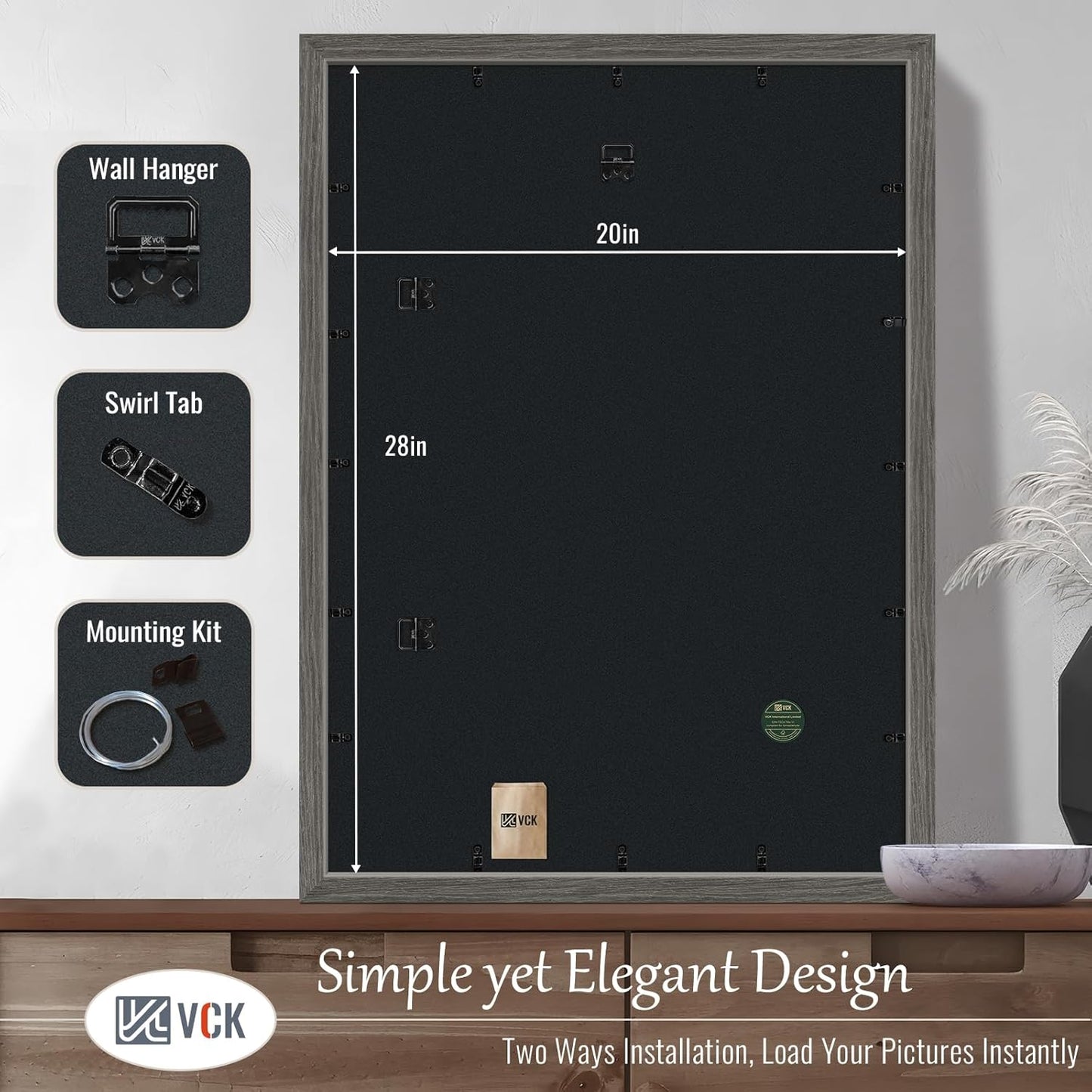 VCK 20x28 Picture Frame 3 Pack, Gray Solid Wood Poster Picture Frame, Exclusive Wood Grain, Wall Mounting Hanging