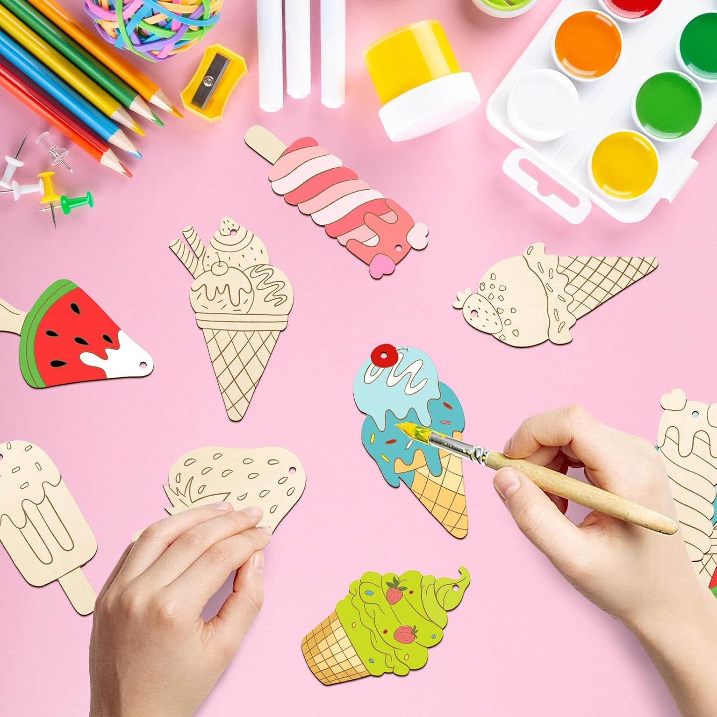 80PCS Wooden Ice Cream Cutouts Ornaments to Paint,Summer Decorations 8 Styles DIY Blank Unfinished Wood Cutouts Ornament for Crafts Hanging Decorations