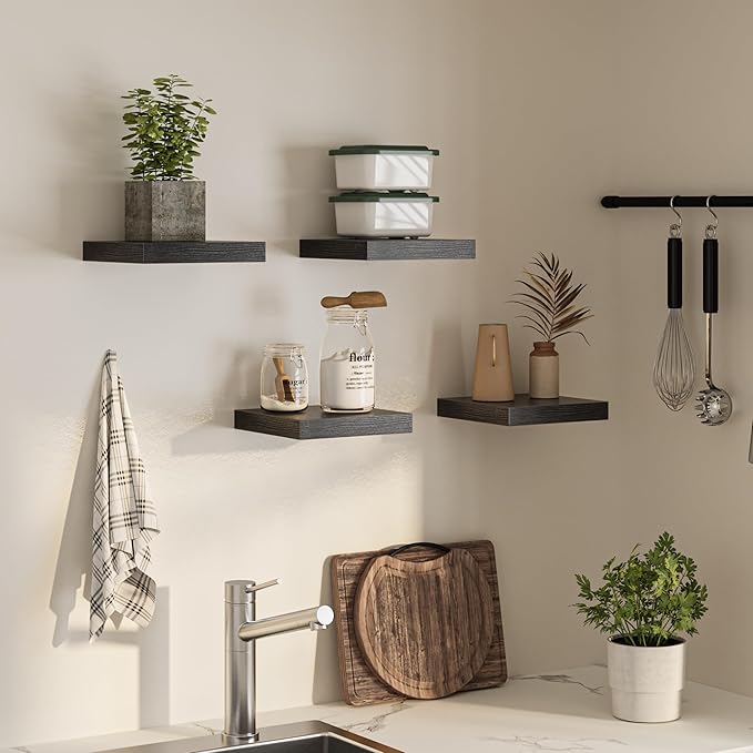 Square Floating Shelves for Wall, 10" W x 10" D x 1.2" H, Small Wooden Wall Mounted Display Shelves with Invisible Brackets for Living Room, Bedroom, Bathroom, Kitchen Decor, Set of 4, Black