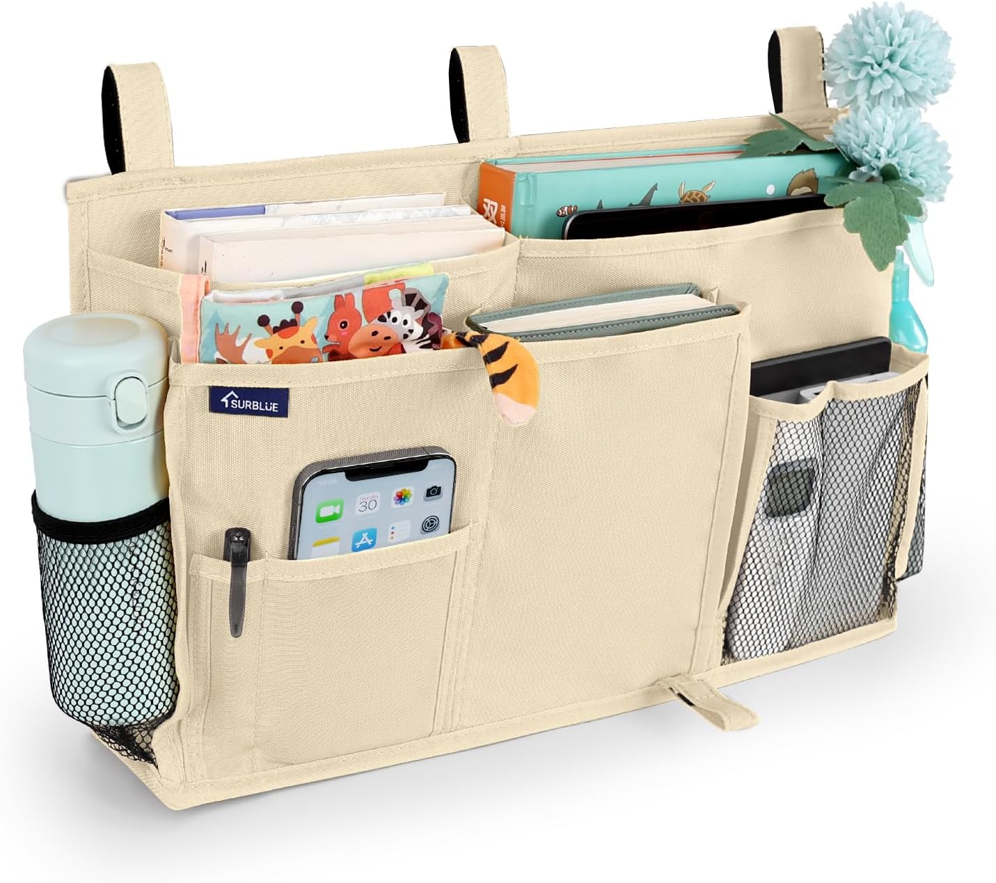 Surblue Bedside Caddy Hanging Organizer Storage Bag Pocket for Bunk, Hospital, College Dorm Rooms, Baby Bed Rails, Camp - 8 Pockets, Large, Beige
