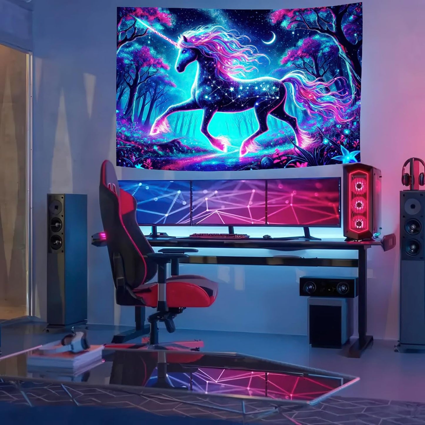 BlissYard Blacklight Unicorn Tapestry UV Reactive Forest Landscape Tapestries Wall Hanging Decor Neon Wolf Wall Tapestry Mysterious Poster Blanket Tapestry for Room Bedroom Dorm Party