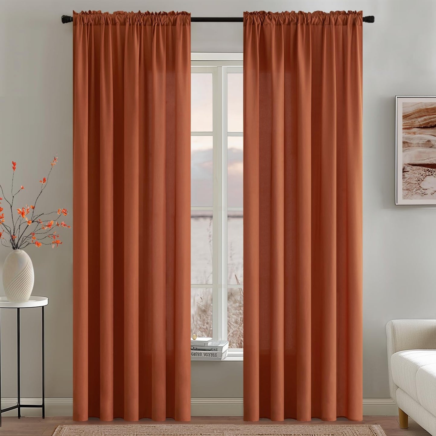 MIULEE Terracotta Privacy Sheer Curtains That Let Light in 90 Inches Long Non-See-Through Semi Sheer Curtain Light Filtering Window Curtains Drapes for Living Room Bedroom 2 Panels Set 42 X 90