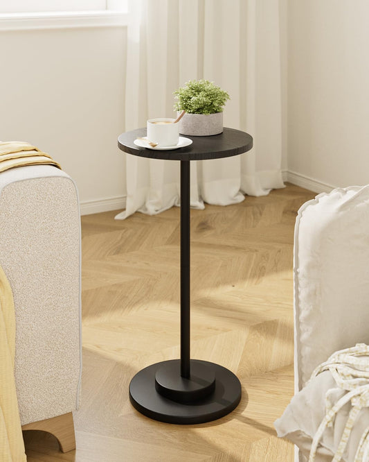 Masupu Drink Table, Round Side Table for Small Spaces, Pedestal Side Table, Small End Table with Metal Base, for Living Room, Bedroom, Bathroom, Black