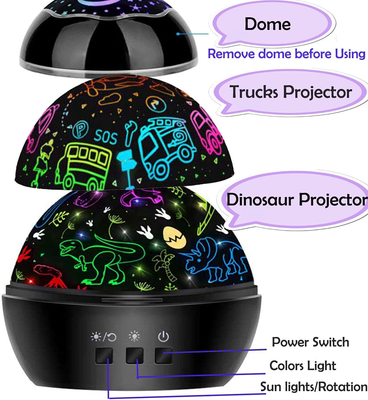 MINGKIDS Night Light for Kids,2 in 1 Rotating Projector Lamp with Dino&Vehicles Theme,2 Ways to Charge,Baby Night Light Ceiling Projector for Bedroom Kids Room Decor