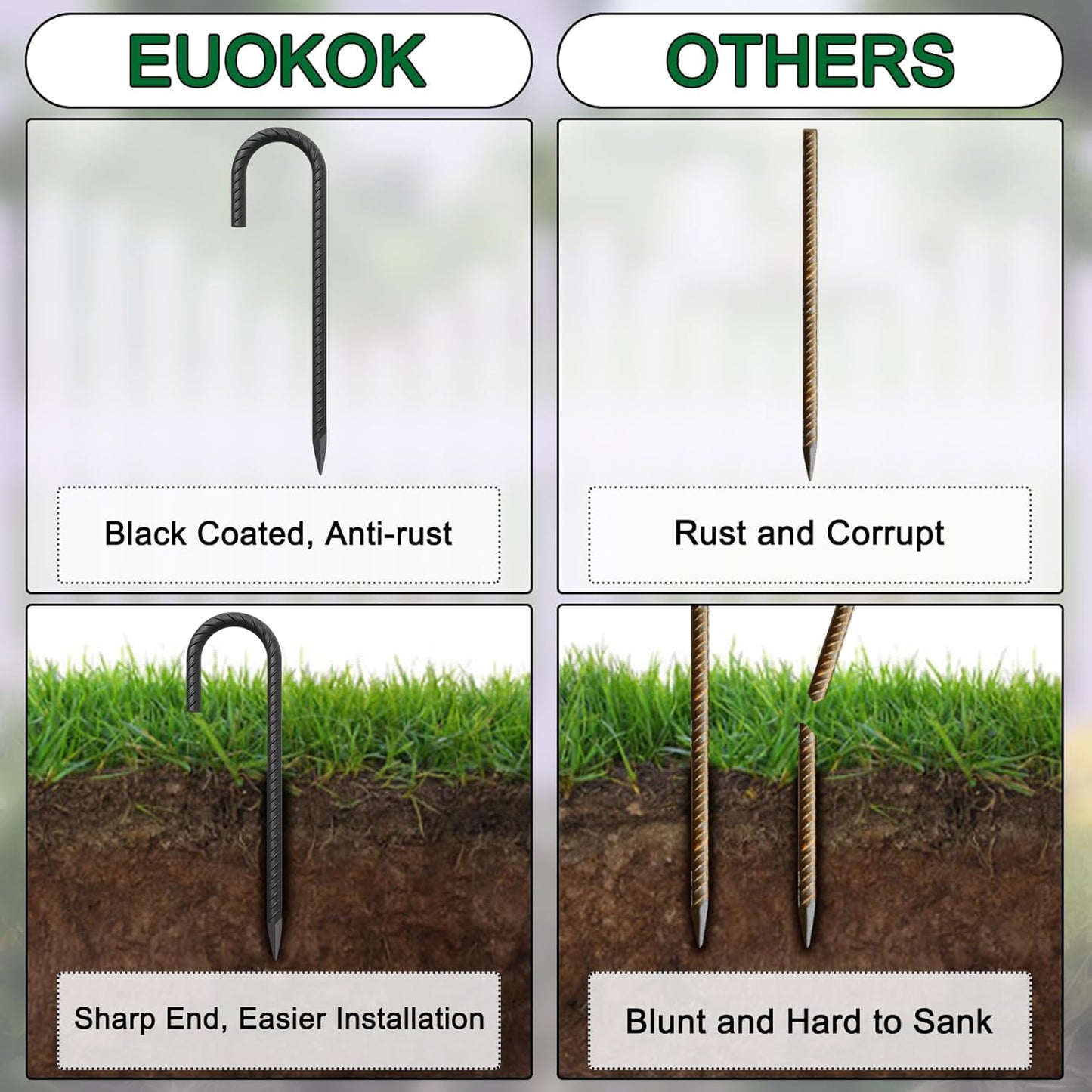 J Hook Rebar Stakes 36 Inch 3/8 Inch Diameter Steel Tent Stakes Heavy Duty Chain Link Fence Stakes Trampoline Stakes with Chisel Point End Metal Stakes for Ground, Canopy Swing Set, Black (16 Pcs)