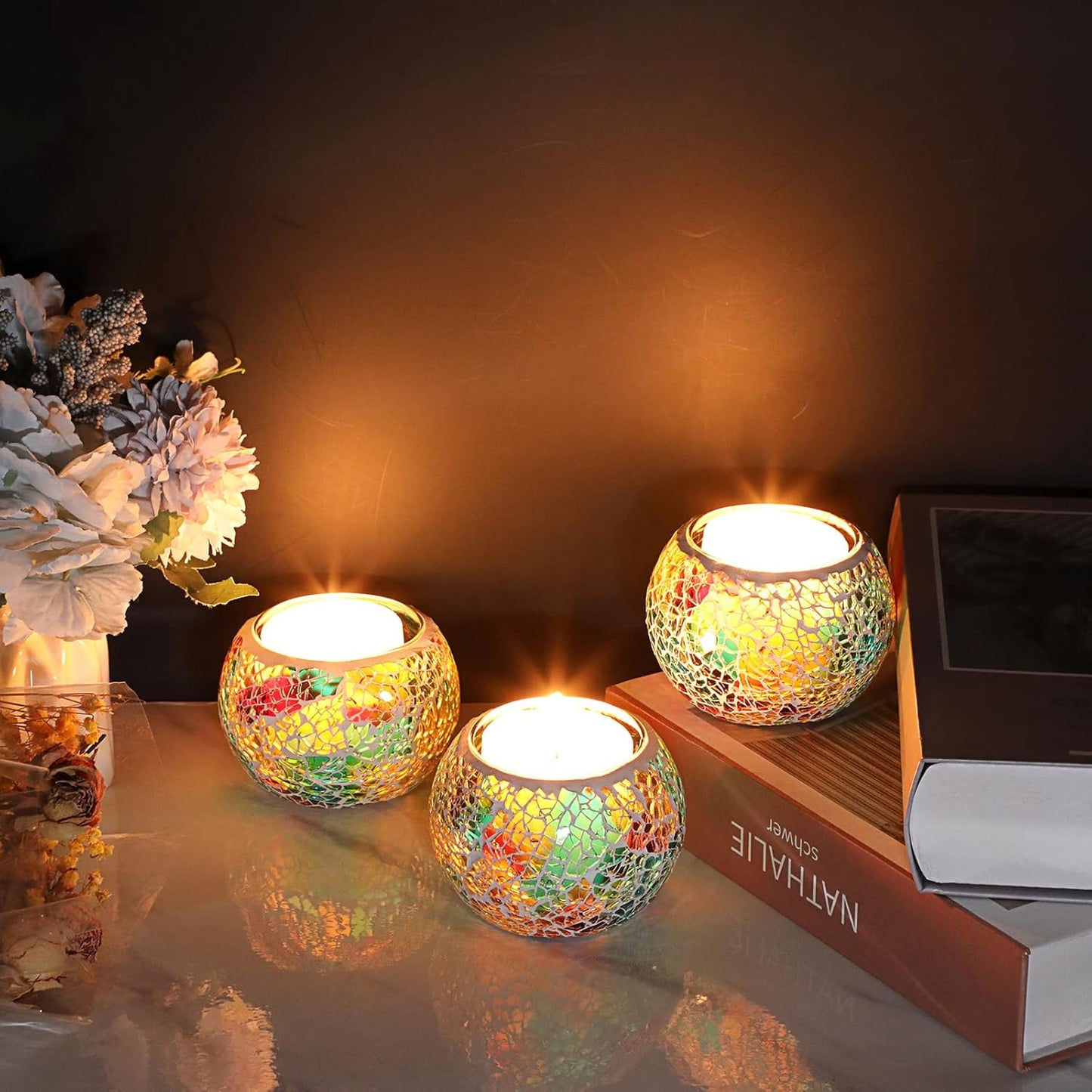 OwnMy Set of 3 Colorful Mosaic Glass Tea Light Holders Round Bowl Votive Candle Holders Pillar Candle Stands, Glass Mosaic Tealight Holders Potted Plant Bowl Vase Candle Centerpiece for Table Wedding