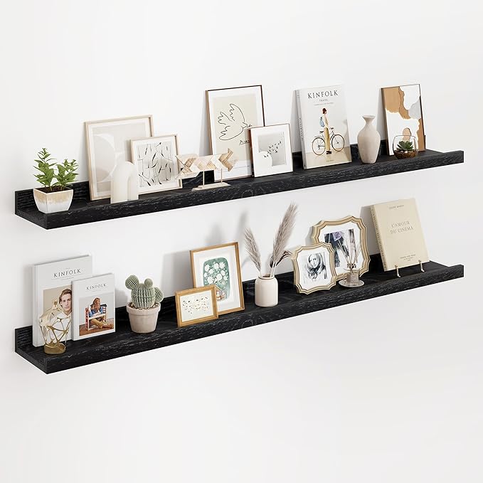Floating Picture Ledge Shelves 48 Inch Solid Oak Wood Set of 2, Rustic Wall Storage Shelves with Lip, Kids Bookshelf, Photo & Picture Ledge Shelves for Bedroom, Living Room, Kitchen