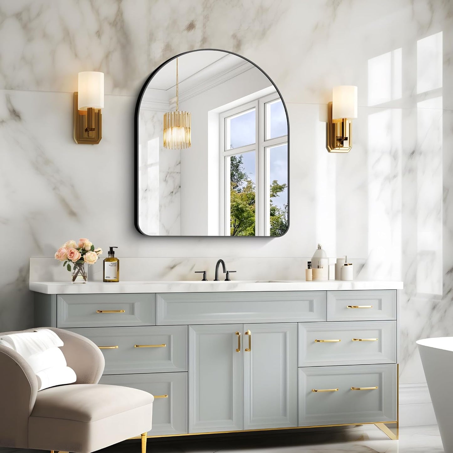 Arched Bathroom Mirror, 30"x36" Black Arched Mirror for Bathroom, Wall Mounted Mirror, Black Vanity Wall Mirror w/Metal Frame for Bedroom, Entryway, Living Room, Hanging or Leaning Against Wall