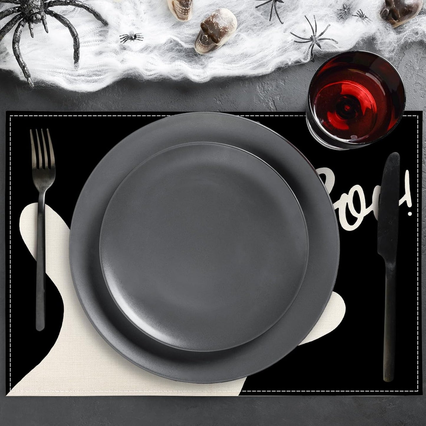 Halloween Ghost Placemats Black Cute Ghost Boo Table Mats 12 x 18 Inch Trick or Treat Kitchen Place Mats for Party Home Dining Table Decoration, Set of 4