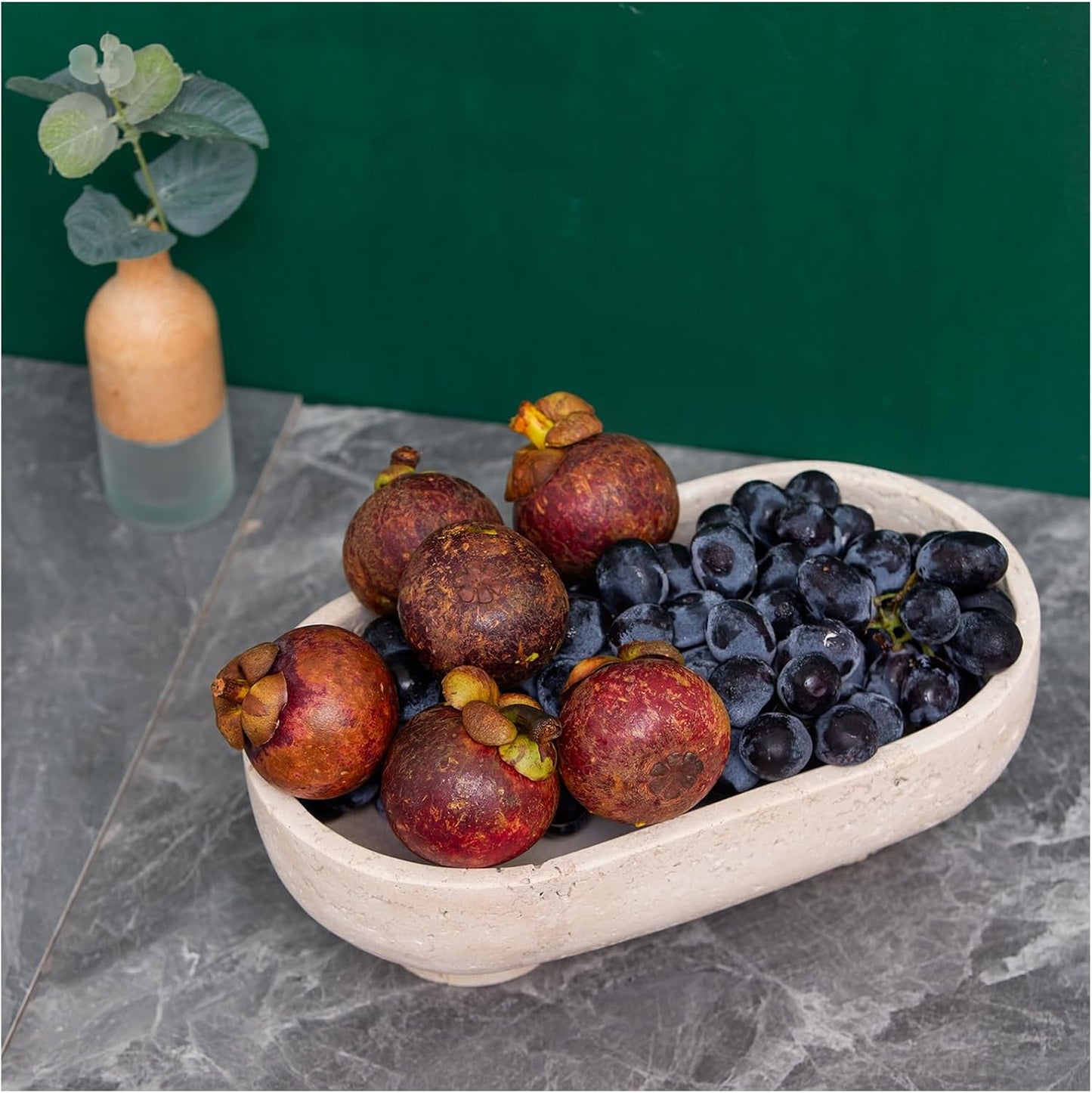 Natural Oval Travertine Fruit Bowl 10" – Large Decorative Bowl & Travertine Decor Pedestal for Kitchen Counter & Dining Table ,For Entryway, Kitchen Fruit Bowl, Potpourri, Dining Table Centerpiece.
