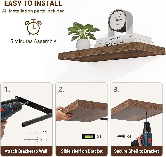 48 Inch Floating Shelves, 48"x9.25"x1.5" Inch Deep Floating Shelves for Wall, Wooden Shelves for Bathroom, Bedroom, Living Room, Brown